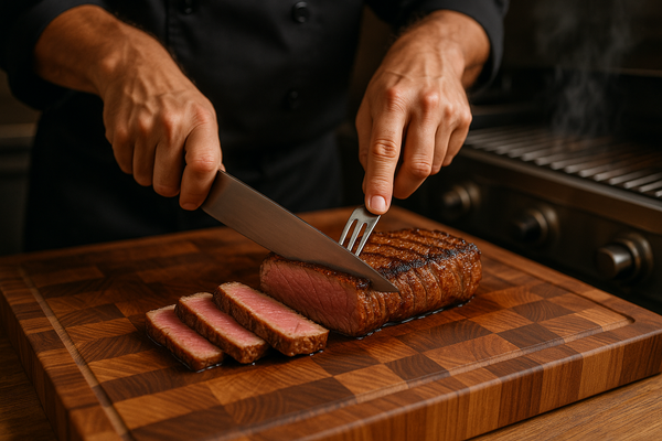 Hands of a chef cutting a piece of meat cooked medium well, over an end grain cutting board with a grill on the back